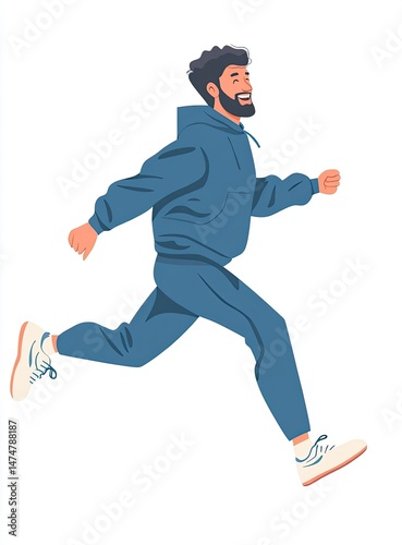 Happy man running in stylish blue athletic outfit