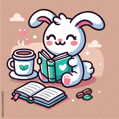 Cute Rabbit Reading Book With Coffee Cartoon Vector Icon Illustration