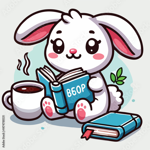 Cute Rabbit Reading Book With Coffee Cartoon Vector Icon Illustration