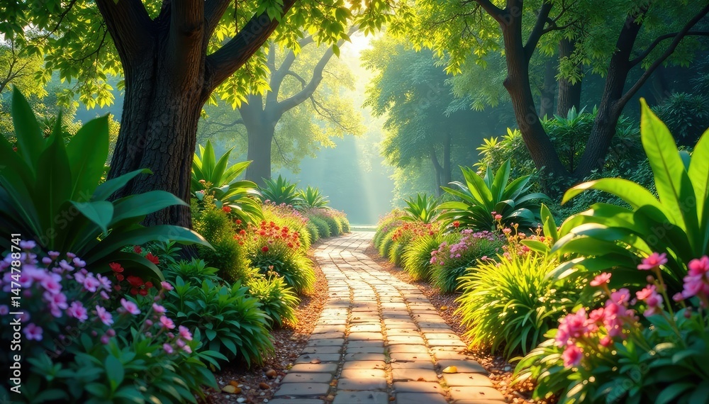 Sun-dappled path winding through diverse plants , wildlife, ecology, butterflies Sun-dappled path winding through diverse plants , wildlife, ecology, butterflies
