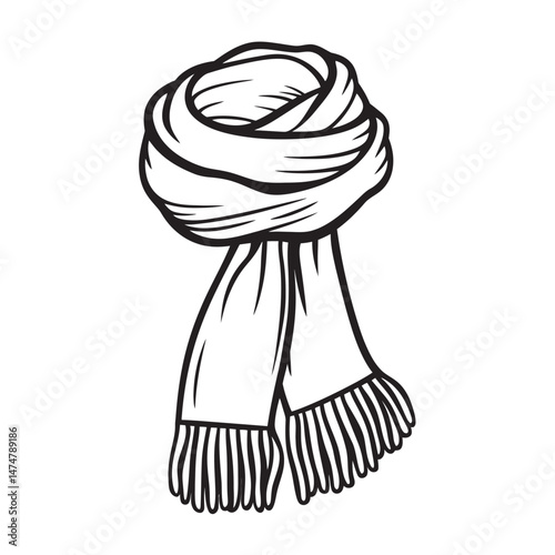 A stylish monochrome scarf is neatly knotted and elegantly draped in this simple drawing