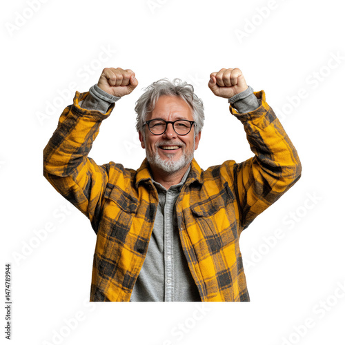 Triumphant Senior Man Celebrating Success with Raised Fists