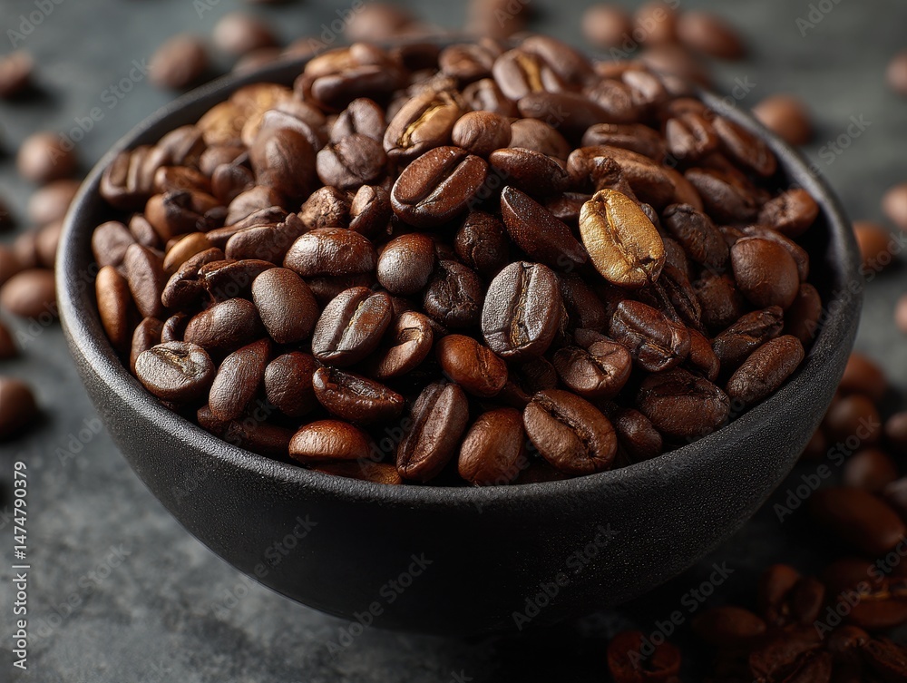Fototapeta premium A bowl full of aromatic roasted coffee beans sits on a textured gray surface ready to be ground and brewed.