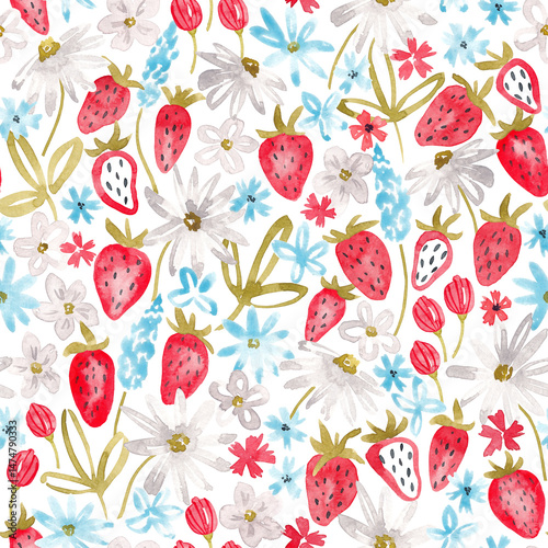 Wallpaper Mural Flowers and strawberry seamless pattern. Abstract summer garden repeat tile hand drawn with watercolor. Childish floral design. Bright summer seamless tile for wallpaper, textile, fabric, packaging Torontodigital.ca
