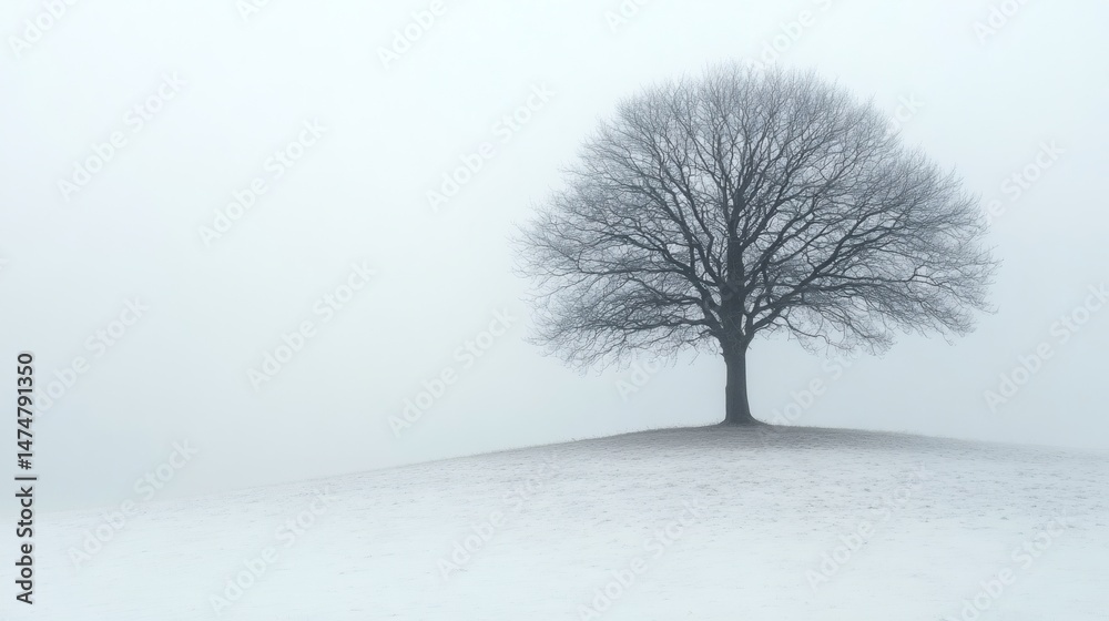 Fototapeta premium Solitary bare tree standing on a snowy hill shrouded in thick winter fog, creating a cold and minimalist landscape.