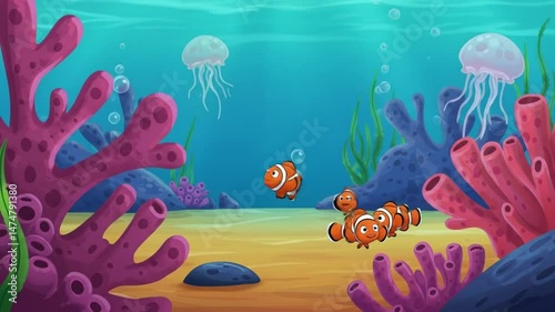 Cartoon Clownfish Family in Coral Reef Habitat