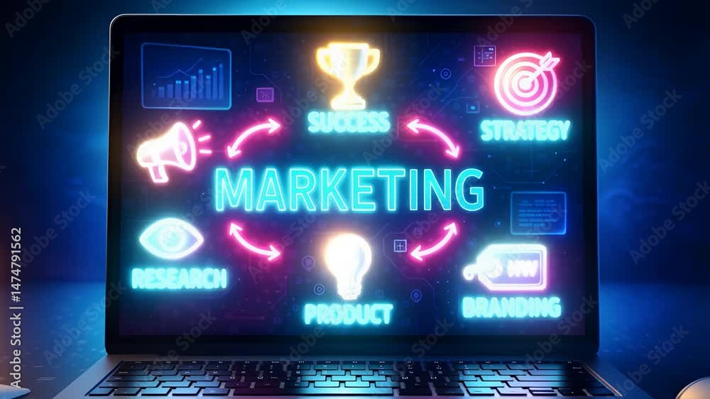 Laptop Display Showing Glowing Marketing Elements Like Strategy, Success, Product, Research and Branding in Neon Style

