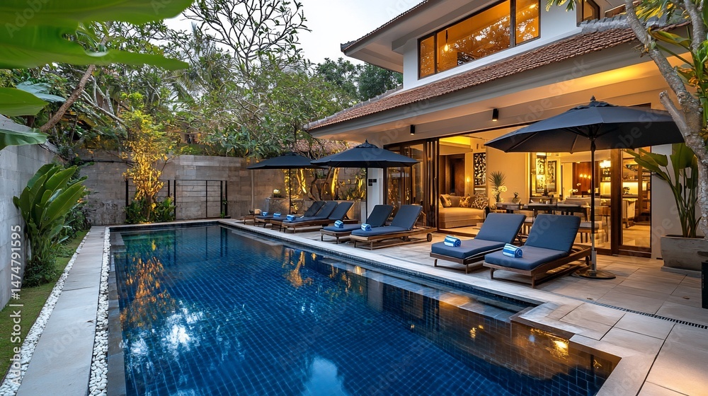 Fototapeta premium Luxurious villa with private pool, outdoor lounge, and lush landscaping