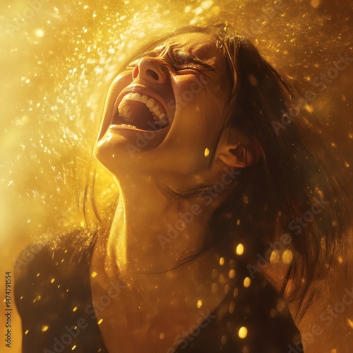Distressed woman screaming upwards amidst a storm of shimmering golden sparks, bathed in intense golden light, dramatic and emotional
