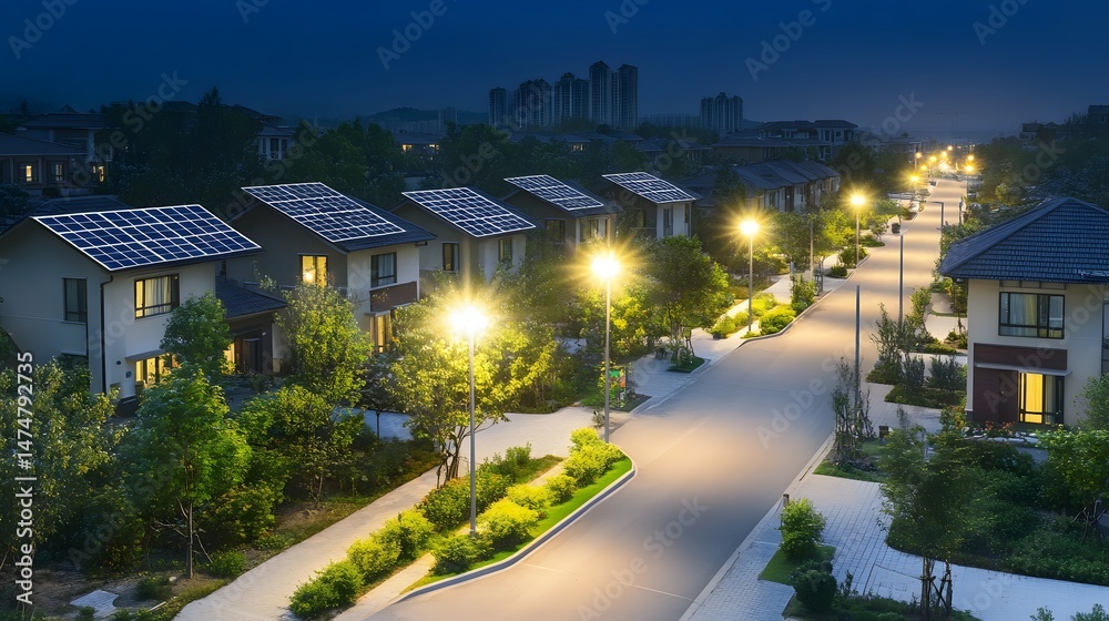 Fototapeta premium Residential neighborhood at night with solar panels.