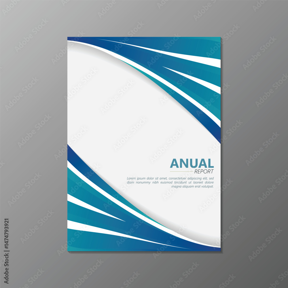 Fototapeta premium Clean and modern annual report cover design with blue wave elements on a white background and grey backdrop