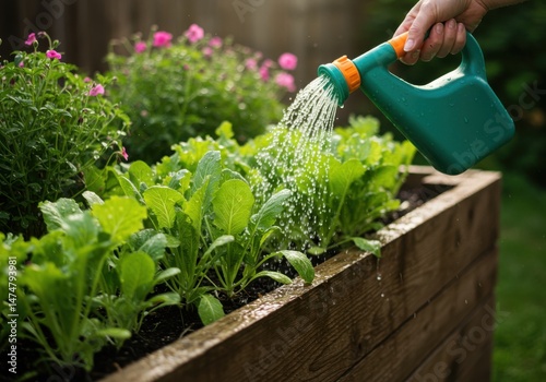 Watering garden plants symbolizing growth and nurturing, featuring greenery and wooden planter