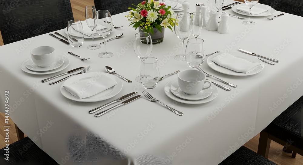 Fototapeta premium Table Setting with White Linens, Dinnerware and Floral Centerpiece