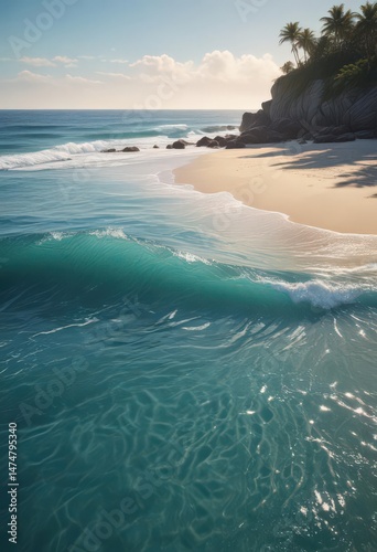 Deep cerulean ocean swells; slow, rhythmic movements on a pristine beach , sun, calm, shoreline