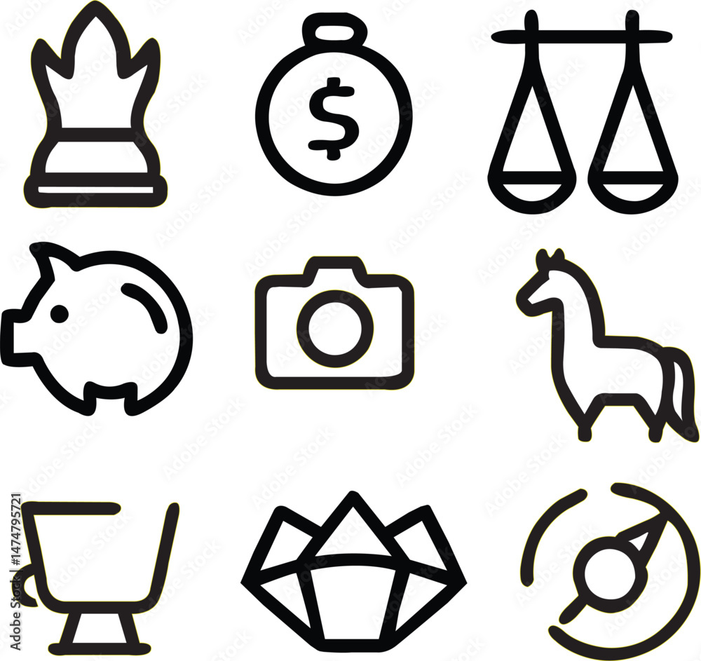 Set of Simple Black Line Icons Representing Essential Concepts Set of Simple Black Line Icons Representing Essential Concepts