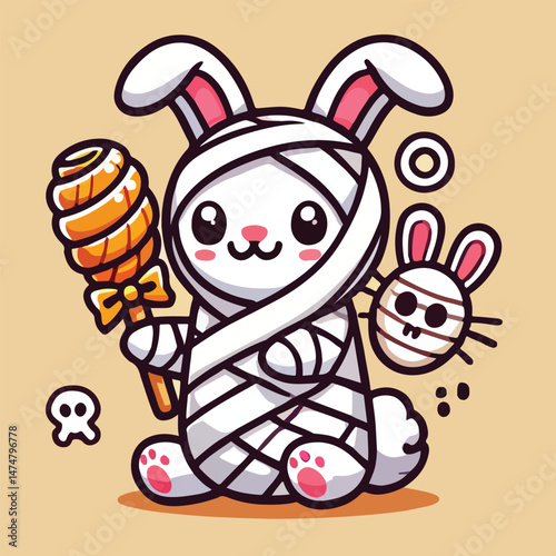 Cute Rabbit Mummy Cartoon Vector Icon Illustration.