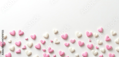 Heart-shaped candies in pink and white, scattered across a white background