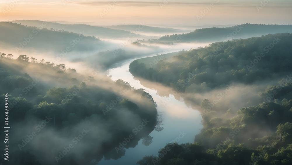 Obraz premium River winding through misty forest at sunrise creates scenic landscape
