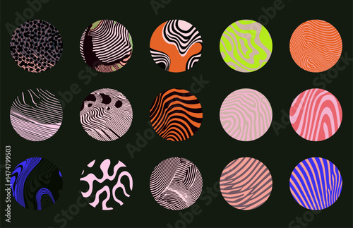 Vector illustration of abstract circles with colorful, wavy, and striped patterns. Each circle has a unique design and color scheme on a dark background, creating a modern, artistic look.