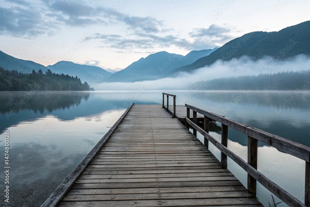 Naklejka premium Wooden Dock Extending into Calm Misty Mountain Lake - generatde by ai