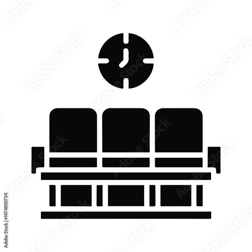 Waiting Room Icon. Waiting Room Illustration With Seat Symbol And Wall Clock Indicating Waiting Time Queue.