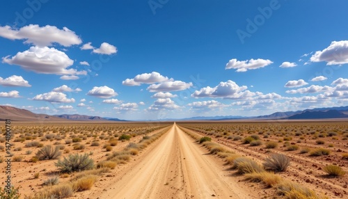 two dirt paths, like ribbons of gold, crisscrossed a flat desert landscape under an azure canvas dotted with cottony clouds.