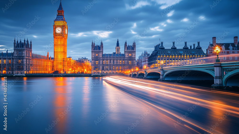 Fototapeta premium Speed-blurred lights in London city depicting motion and energy.