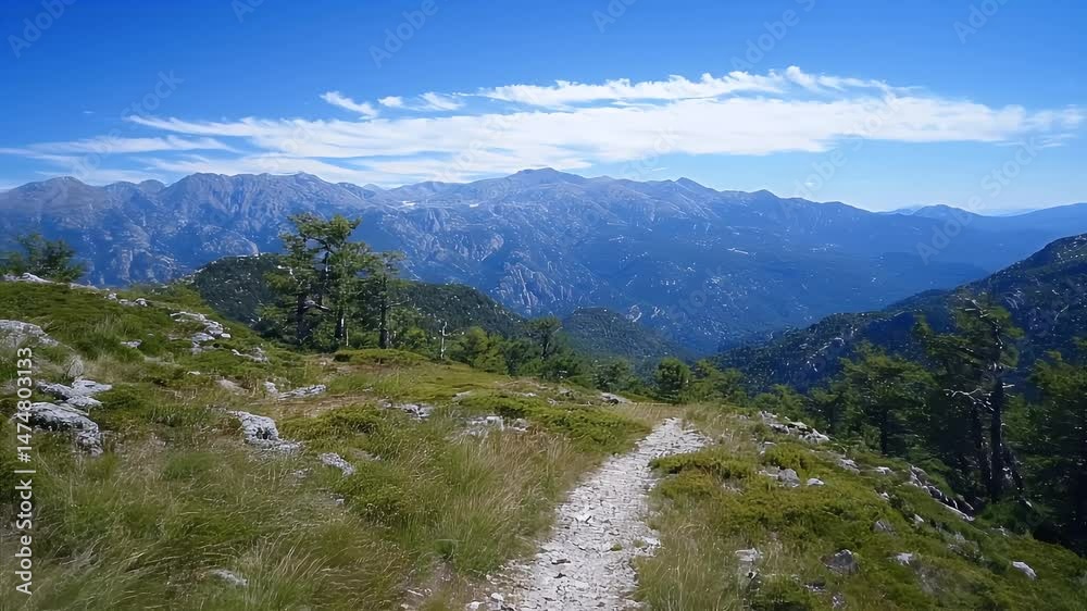 Mountain Vista with Rocky Trail Green Meadow and Forest Slopes Under Clear Blue Sky During Sunny Day Mountain Vista with Rocky Trail Green Meadow and Forest Slopes Under Clear Blue Sky During Sunny Day