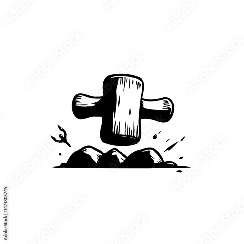 Monochrome illustration featuring a stone structure balanced on dark mounds