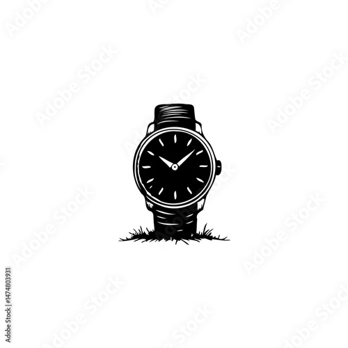 Stylized monochrome depiction of wristwatch sinking into grassy patch illustration