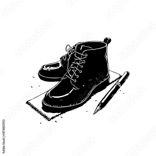 Monochrome still life showcasing footwear, writing tool on a textured surface