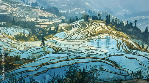 Wallpaper Mural colorful rice terraces landscape illustration abstract background decorative painting Torontodigital.ca