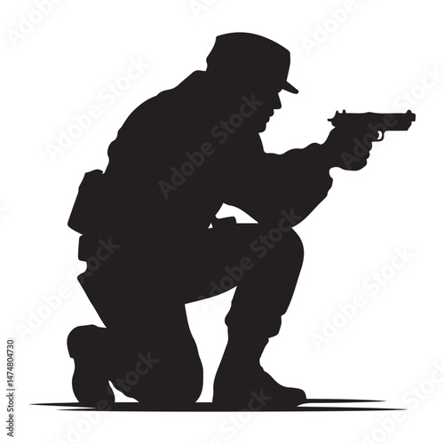 A crouching military army soldier or police swat man or person aiming a gun or handgun or pistol weapon silhouette shadow. War troops icon or symbol Vector Black silhouette. with white background
