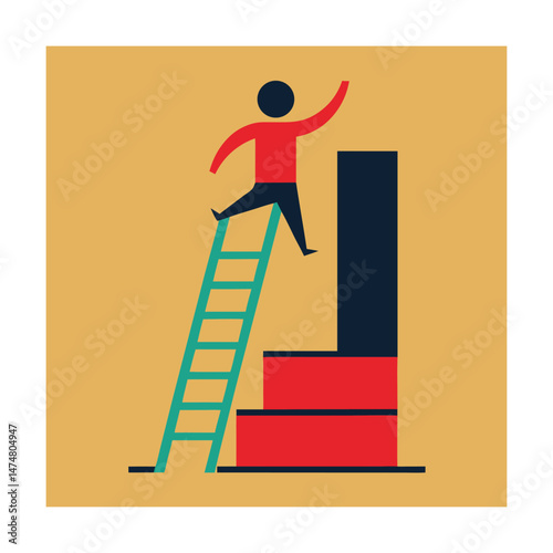 Reaching for success man climbing ladder achieving goals overcoming challenges concept