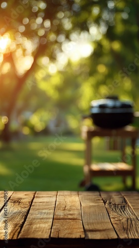backyard barbecue concept with empty wooden table and grill in soft focus