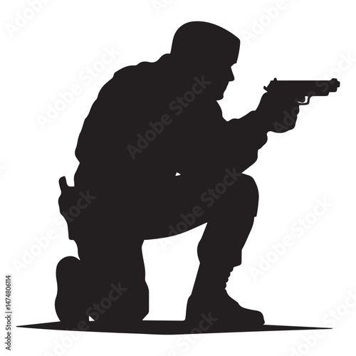A crouching military army soldier or police swat man or person aiming a gun or handgun or pistol weapon silhouette shadow. War troops icon or symbol Vector Black silhouette. with white background