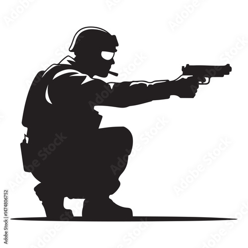A crouching military army soldier or police swat man or person aiming a gun or handgun or pistol weapon silhouette shadow. War troops icon or symbol Vector Black silhouette. with white background