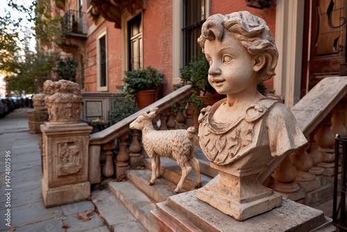 Bust of a cherubic child graces the walkway in a historic neighborhood with elegant brownstone buildings and charming sculptures