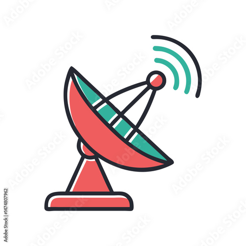 Flat vector illustration of a satellite dish emitting signals, ideal for telecom, broadcasting, space tech, and communication themes.
