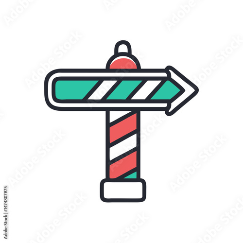 Colorful vector signpost with striped pole and arrow, perfect for travel, guidance, wayfinding, or direction-themed content.
