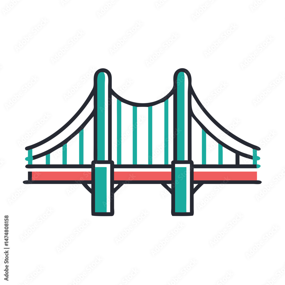 Obraz premium Vector illustration of a suspension bridge, representing travel, engineering, city landmarks, or civil infrastructure and connectivity. 
