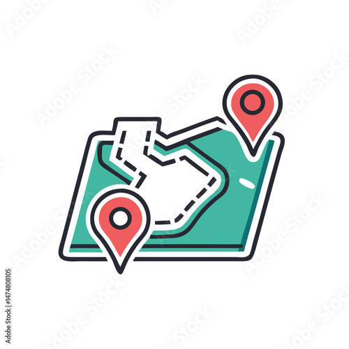 Vector illustration of a folded map with a marked route and two location pins, representing navigation and travel planning.
