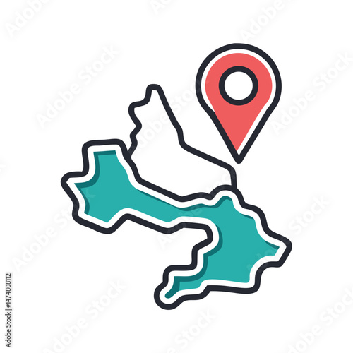 Vector icon of a geographical region with a single red location pin, symbolizing a specific destination or mapped area.
