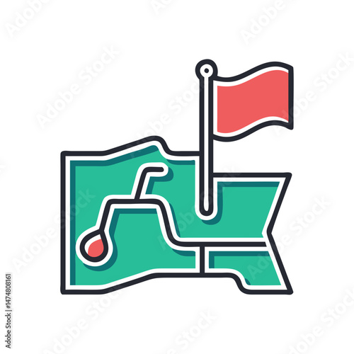 Colorful vector of a map with a path and flag marker, symbolizing travel, direction, exploration, or logistics planning.
