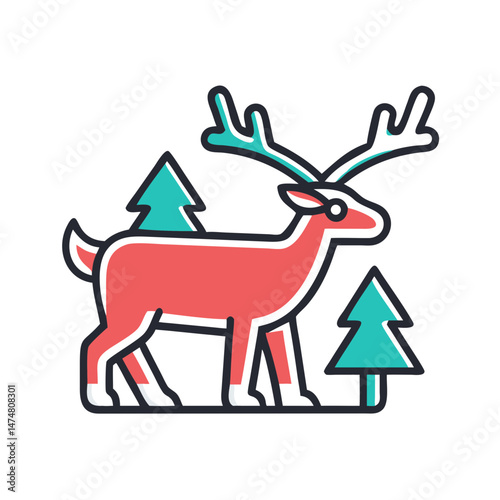 Vector illustration of a stylized reindeer surrounded by pine trees, perfect for winter, Christmas, or holiday-themed designs.
