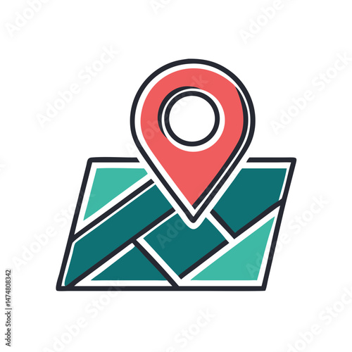 Flat vector illustration of a folded map with a red pin, symbolizing GPS navigation, travel, or location services.
