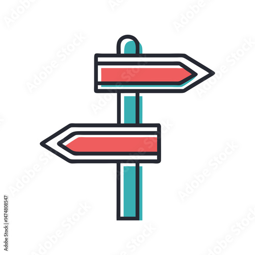 Flat vector illustration of a signpost with arrows pointing in opposite directions, symbolizing navigation, travel, or decision-making.
