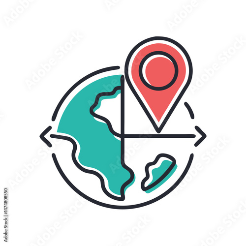 Flat vector icon showing Earth with a red location marker and equator line, symbolizing global positioning and geographic coordinates.
