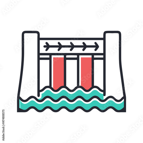 Flat style icon representing a hydroelectric dam with water and arrows, symbolizing renewable energy, power generation, and water control.
