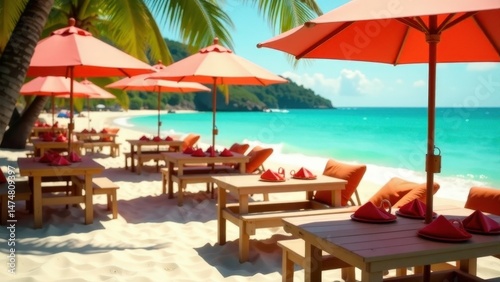 Wallpaper Mural Tropical beachfront dining with red umbrellas and ocean view. Torontodigital.ca